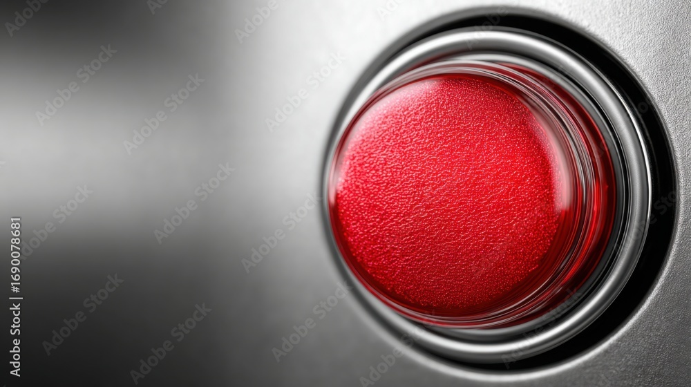Poster red button on a metal surface depicting automated signal equilibrium icon concept for balanced trigg