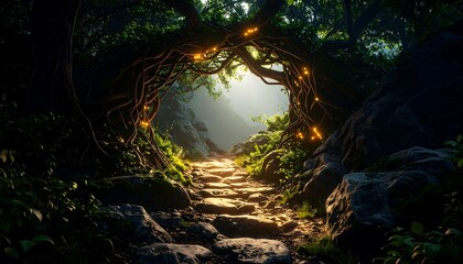 Walking Stone Path Through Enchanted Forest with Glowing Lights
