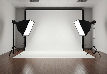 Professional Photo Studio Setup with White Background and Softbox Lighting for Portrait Photography and Commercial Use
