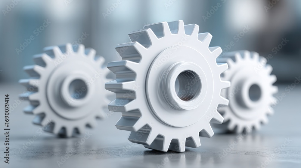 Poster two interlocking white gears representing automation and systematic logic in engineering and mechani