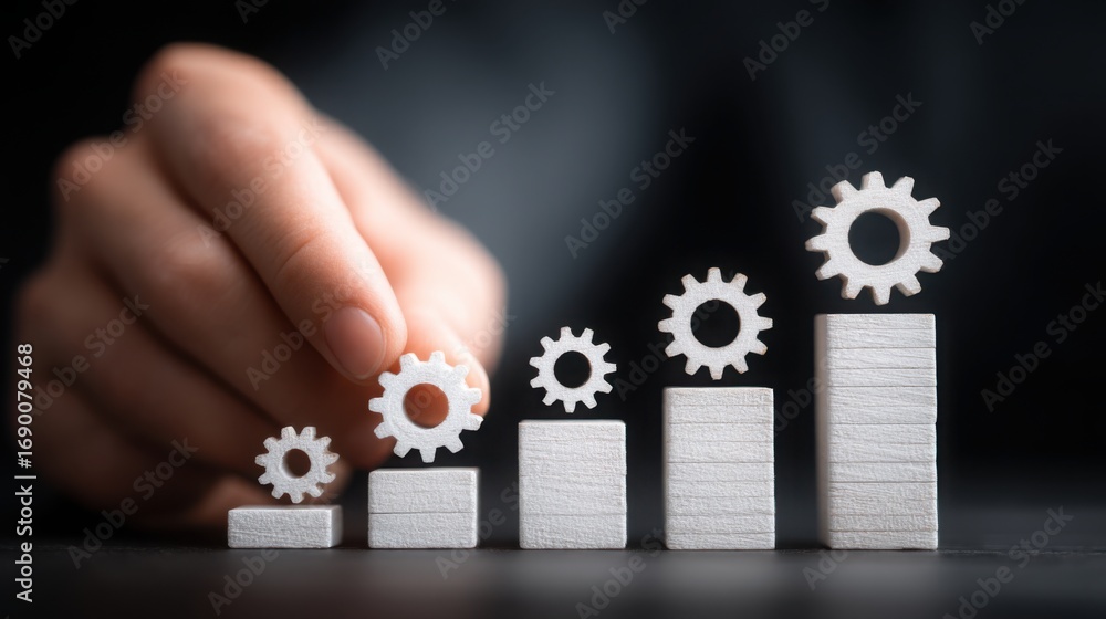 Poster person's hand holding a piece of wood with a set of gears symbolizing creativity and functionality i