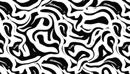 Fototapeta premium Monochrome geometric vector seamless pattern Memphis style grunge, organic shapes, smooth maze, brush strokes, black, background