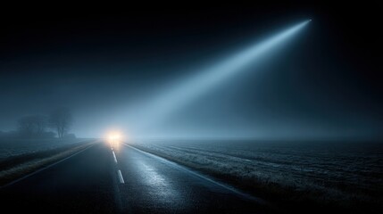 A car driving down an empty road at night with bright headlights illuminating the path ahead for a safe journey