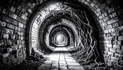 Walking Through Ancient Tunnel with Tree Roots and Brick Arches