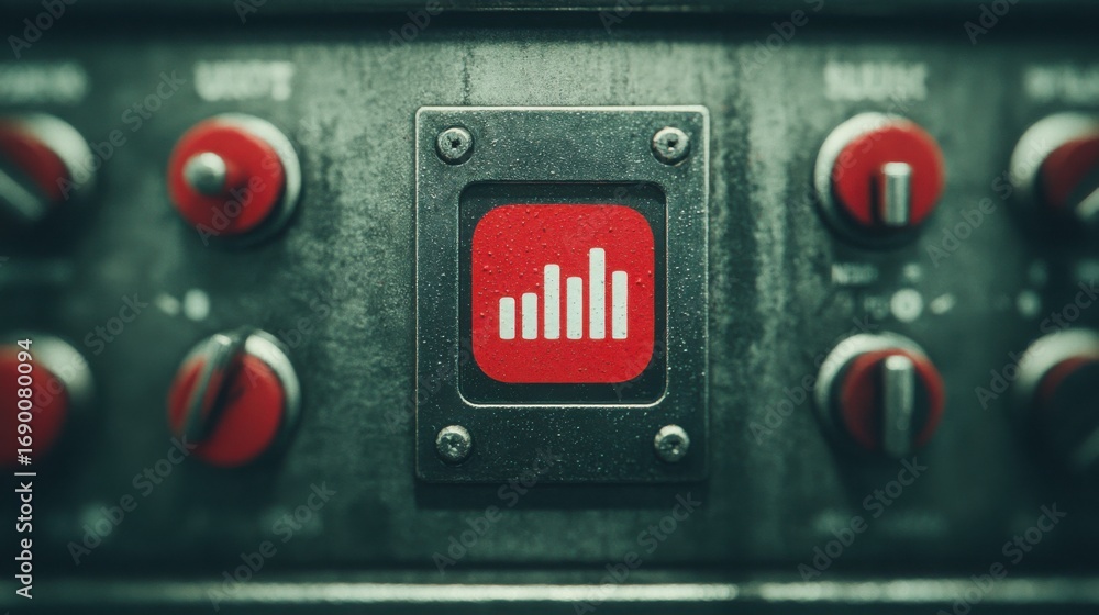 Poster a red and black button symbolizing functionality and control with a striking color contrast for effe
