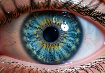 A captivating closeup of a human eye reveals intricate details, showcasing the mesmerizing blue iris with its radial patterns and delicate blood vessels