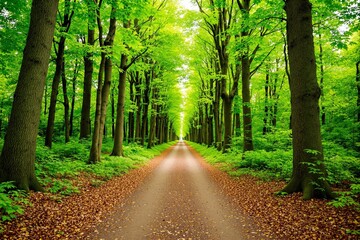 Obraz premium Long straight dirt path through vibrant green forest, creative style, bright daylight background, concept of calm journey and peaceful nature escape. Ai generative