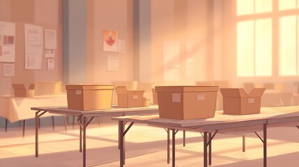 Fototapeta premium Community health outreach hall with folding tables and empty donation boxes, afternoon golden glow, warm muted palette