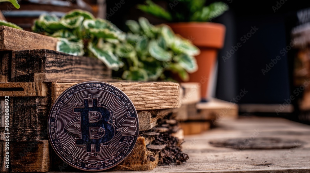 Poster bitcoin on a wooden block symbolizing blockchain-enabled income and tokenized assets in contemporary