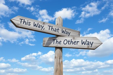 Wooden signpost with funny directional labels under a partly cloudy sky, photorealistic style on blue sky background, concept of confusion and direction. Ai generative