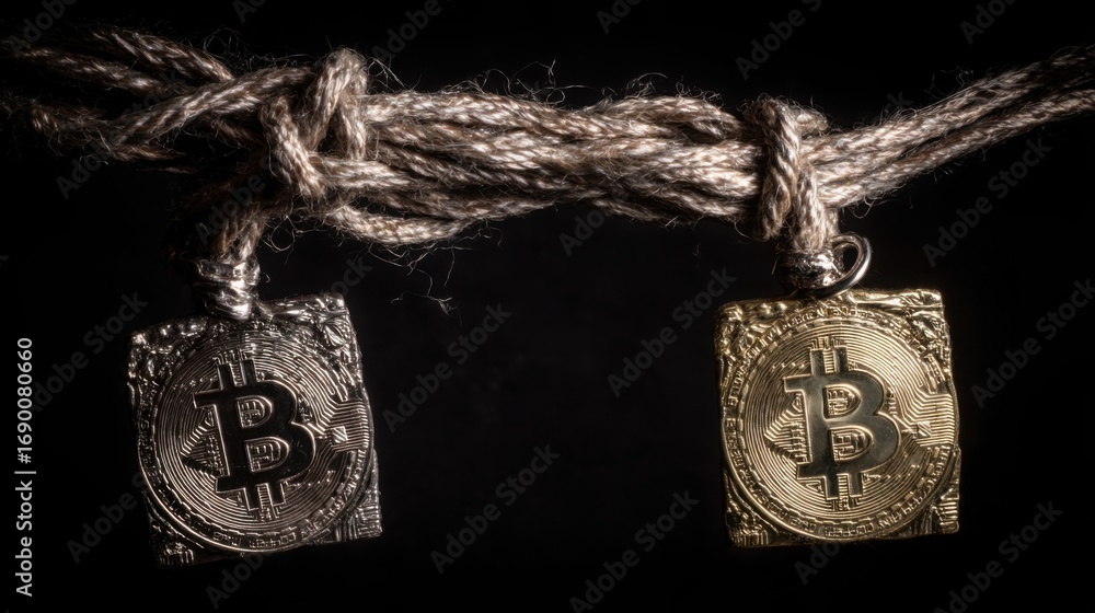 Poster two gold and silver coins representing bitcoin in a blockchain market node illustrating decentralize