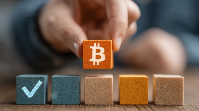 Individual placing a bitcoin on a blockchain block illustrating the concept of immutable strategies in digital currency - Powered by Adobe