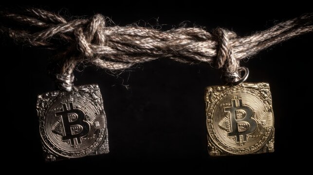 Two gold and silver coins representing bitcoin in a blockchain market node illustrating decentralized currency systems - Powered by Adobe