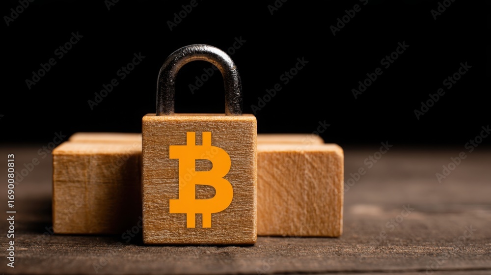 Poster secure padlock featuring a bitcoin representing safety and ownership in blockchain equity gate syste