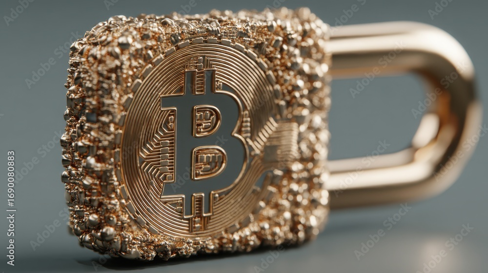 Poster bitcoin padlock symbolizing the concept of secure asset control in the context of blockchain technol