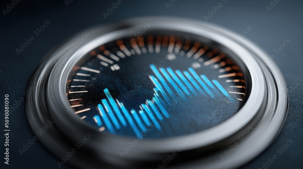 Poster clock with blue light highlighting blockchain liquidity dial concept for crypto-based volume control
