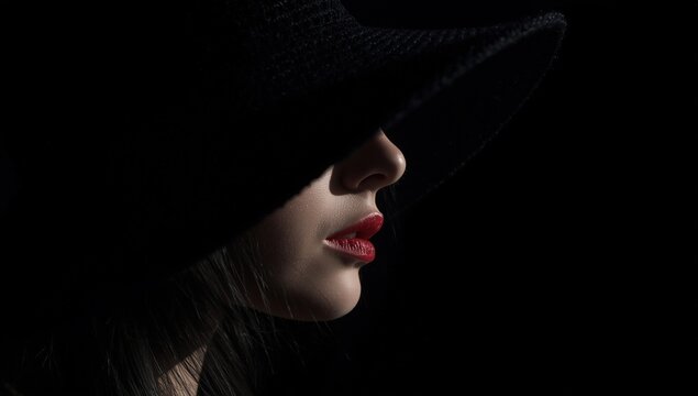 Sultry woman in dark hat and red lipstick on black background. Ideal for beauty, fashion, or mysteriousthemed designs and projects.