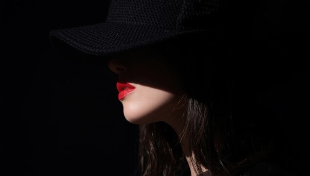 Woman in a black hat with bright red lips. Suitable for beauty, fashion, makeup, and lifestylerelated creative projects.