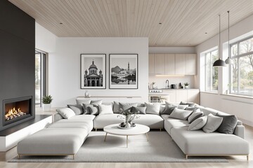 Fototapeta premium Contemporary living room with soft neutral furniture, wooden ceiling, natural light, and cozy interior concept on a clean background. Ai generative