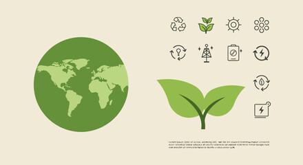 Minimalist eco vector design with leaves, green earth, and sustainability icons in modern flat style