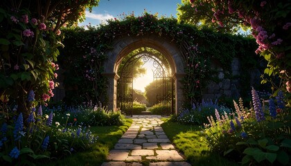 Walking Through Secret Garden Gate with Flowers and Stone Path