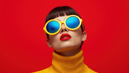 Woman in yellow clothing and bright sunglasses standing against a red backdrop. Suitable for fashion or summerthemed designs.