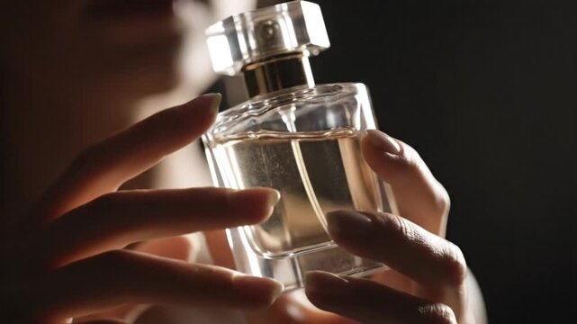 Close-up cinematic view of a woman gracefully holding perfume in her hand, crystal-clear details, glowing bright light, photorealistic, 4K UHD full HD resolution.&rdquo;