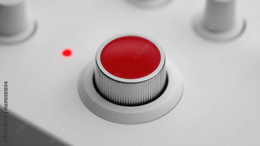 Poster vibrant red button on a clean white surface representing control and harmony in user interface desig