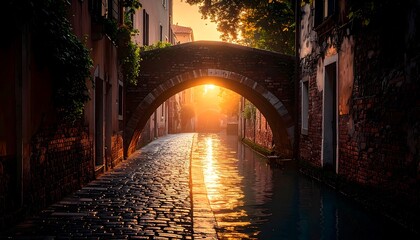Walking Under Stone Bridge Canal at Sunrise with Sunlight Reflection