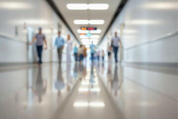 People walking in a hospital corridor, blurred focus style, bright indoor background, concept of healthcare environment and motion. Ai generative