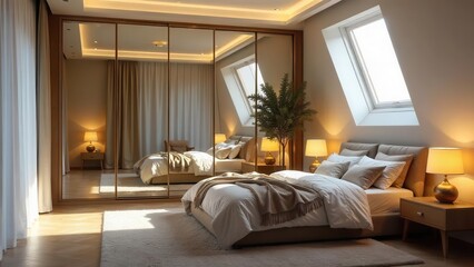 Serene Bedroom Interior Design with Warm Lighting, Mirrored Closet, and Soft Textiles