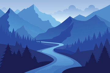 Serene Blue Mountain Landscape with River and Evergreen Trees Art