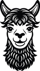 Obraz premium Vector art of stylized black and white illustration of a llamas face, featuring its characteristic fluffy mane and ears, presented in a graphic, vector art style, isolated on a