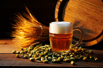 Amber ale refreshment with barley hops and wooden barrel image