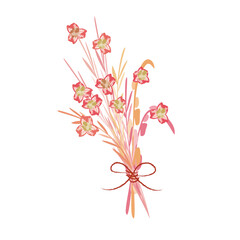 赤い花とピンク色の茎のブーケ