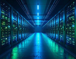 Server room illuminated by vibrant blue and green lights