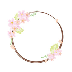 桜の枝と花で作られた丸いフレーム