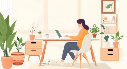 Modern Home Office Vector Illustration – Freelancer Working at Cozy Desk with Laptop