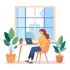 Woman working on laptop at home office.