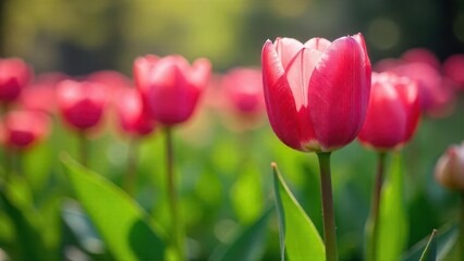 Fototapeta premium A vibrant close-up showcasing a single, brilliantly colored tulip in a field of similarly hued blossoms, bathed in the soft glow of sunlight filtering through the foliage