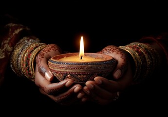 Close-up of female hands with henna and jewelry holding a lit clay oil lamp against black background. Perfect for Diwali festival, Indian culture, spirituality, and holiday themes.