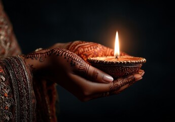 Close-up of female hands with henna holding a lit clay oil lamp during Diwali celebration. Warm glowing light. Perfect for Indian culture, spirituality, and festive holiday themes.