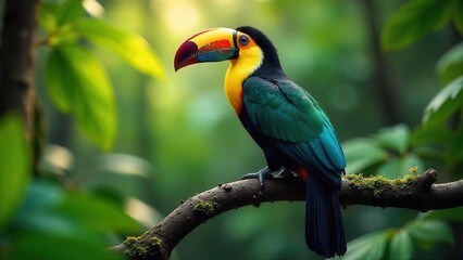 Obraz premium A Vibrant Toucan Perched on a Mossy Branch in a Lush, Verdant Rainforest