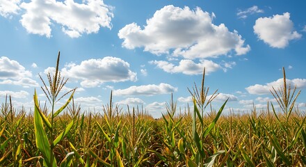 Cornfield under a bright blue sky with fluffy clouds.