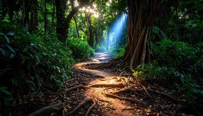 Winding Forest Path with Sunlight Streaming Through Trees