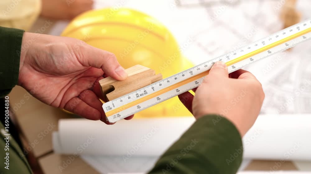 Poster video of engineer with yellow helmet on table use scale ruler to measure home shape wooden block des