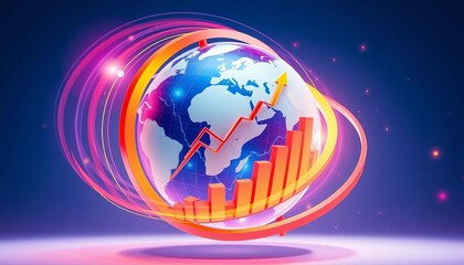 Rotating globe with upward trending charts, vibrant colors, futuristic style,  globalisation,  progress chart