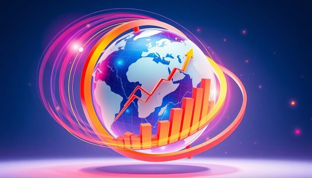 Rotating globe with upward trending charts, vibrant colors, futuristic style,  globalisation,  progress chart