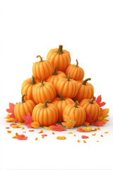Pyramid of pumpkins with autumn leaves, vibrant orange color, seasonal decoration, festive atmosphere, harvest time