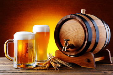 Frothy golden beer in glasses beside wooden barrel and wheat stalks lager